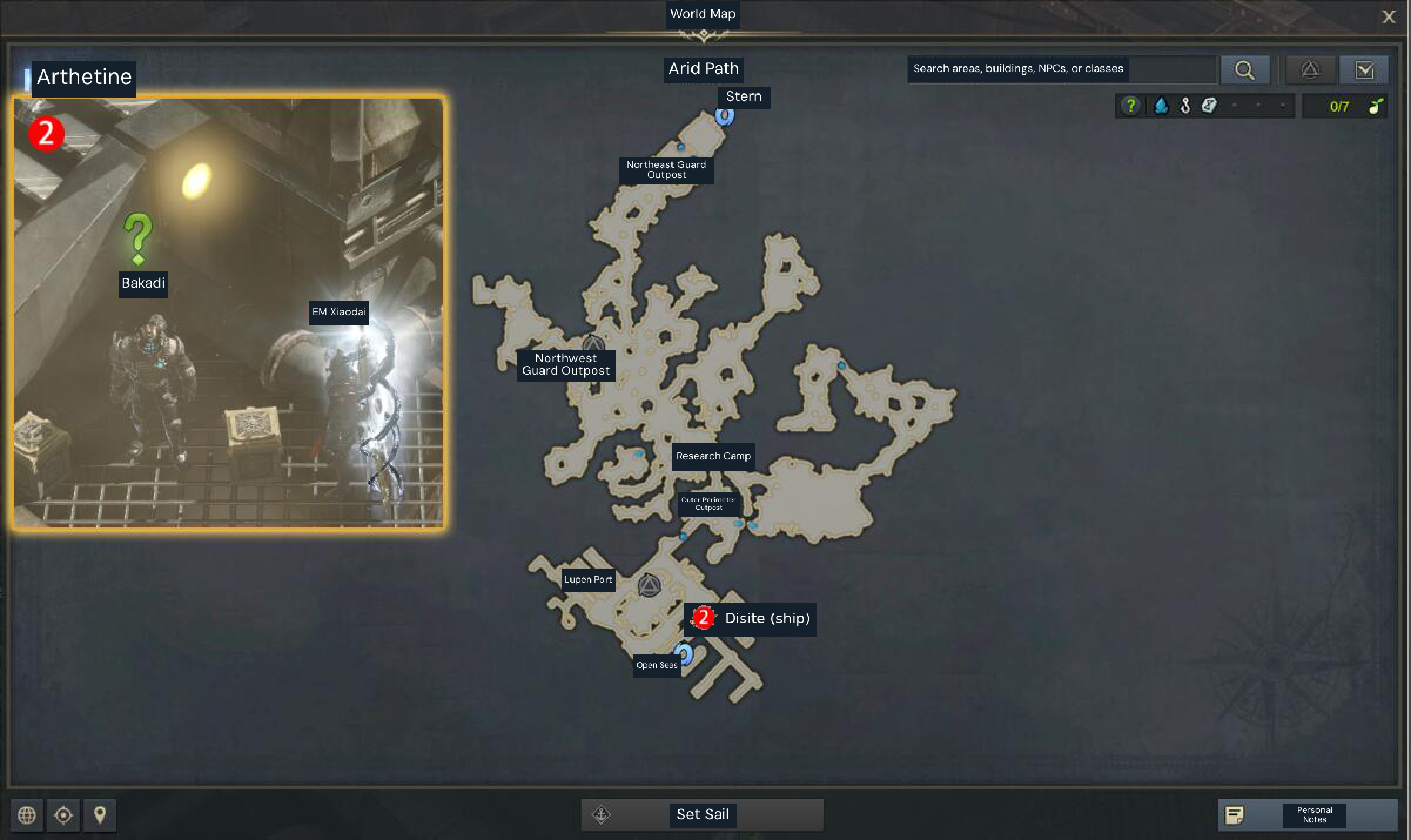 Arthetine delivery hand-in at Lupen Port, Arid Path. The original red marker 2 identifies the port-side recipient area; the inset shows the interaction. Follow the active task marker for the final approach.
