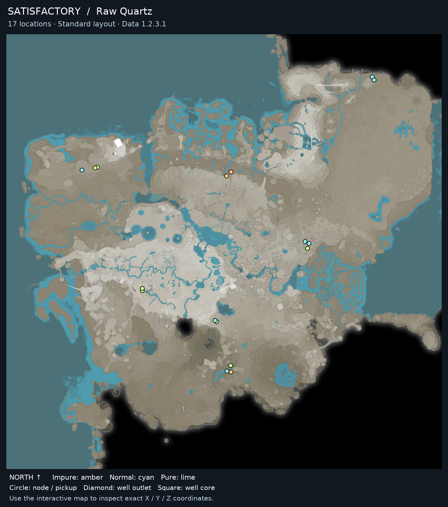 Raw Quartz locations on the Satisfactory world map · Standard resource layout · Data 1.2.3.1