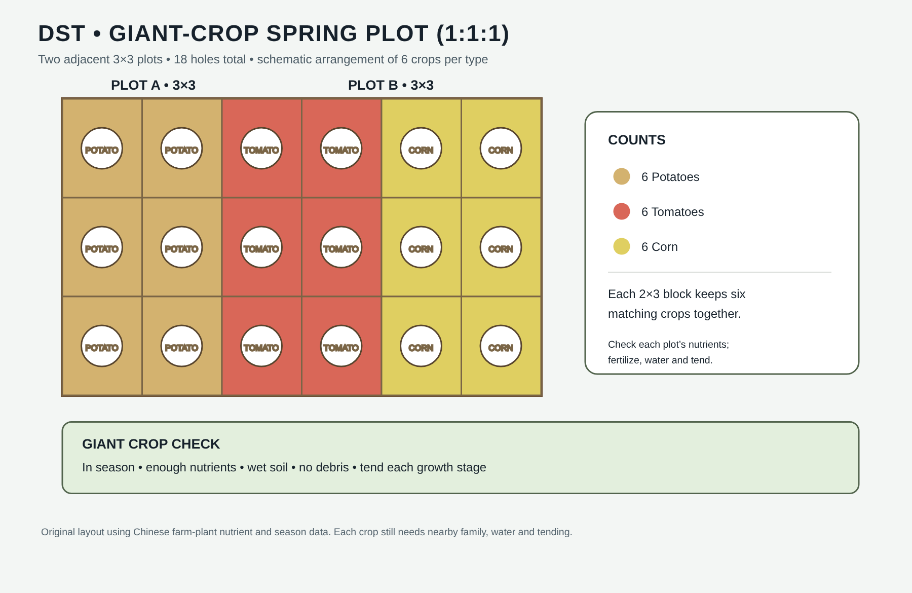 Spring giant-crop layout — six potatoes, six tomatoes and six corn in two adjacent 3×3 plots. Water and tend each growth stage.