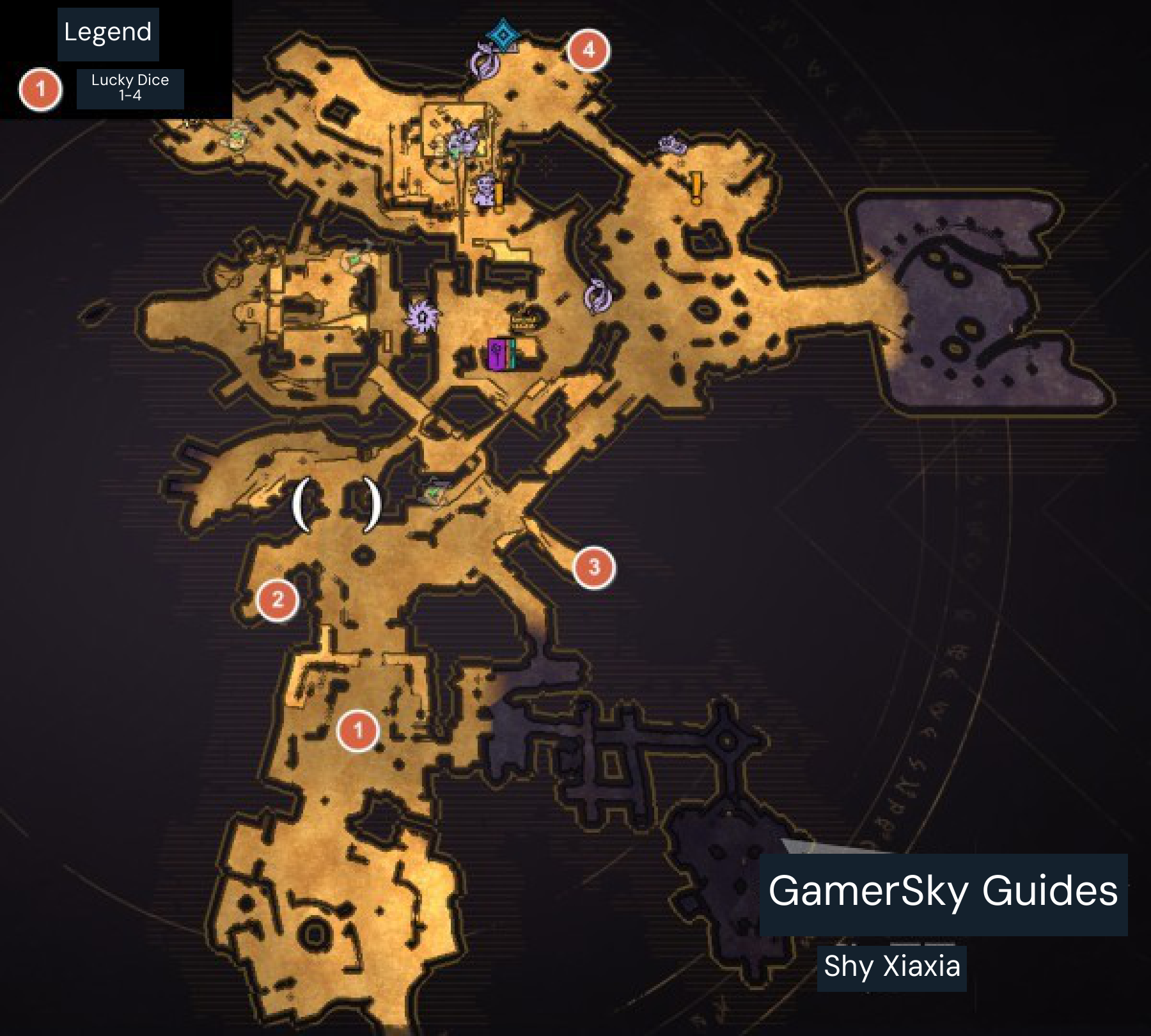Four early Brighthoof Lucky Dice: orange markers 1–4 match the guide’s location and puzzle steps. Later campaign access opens additional collectibles; this is a one-time Loot Luck preparation task.