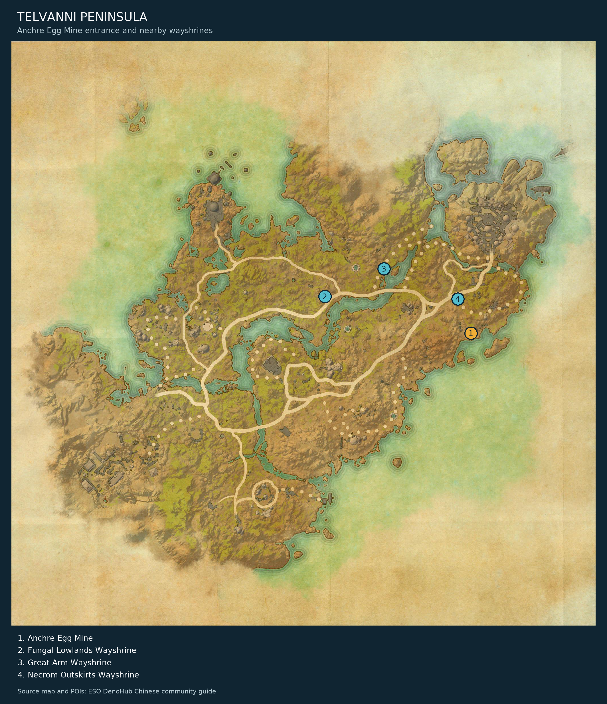 Telvanni Peninsula: Anchre Egg Mine entrance (1) and nearby wayshrines (2–4), plotted at the Chinese source map’s exact coordinates. Use point 1 when targeting the delve boss mentioned in this guide. This does not show the route inside the delve.