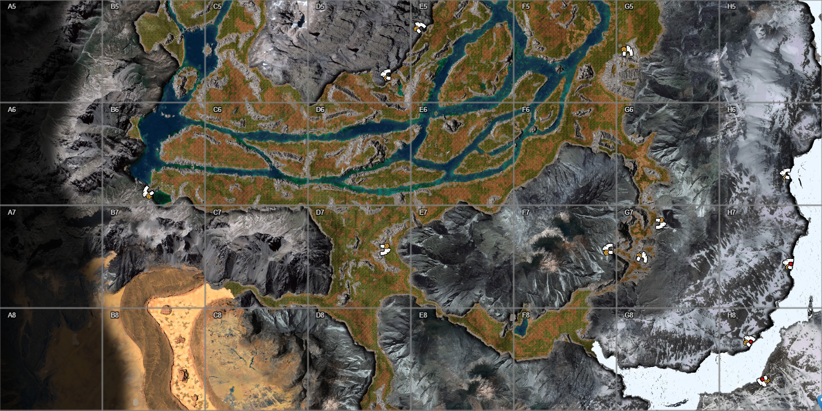 Olympus cave entrances in grid A5-H8 (forest valleys). Use the letter-number grid to find nearby rock faces; inspect each cave for its current ore veins.
