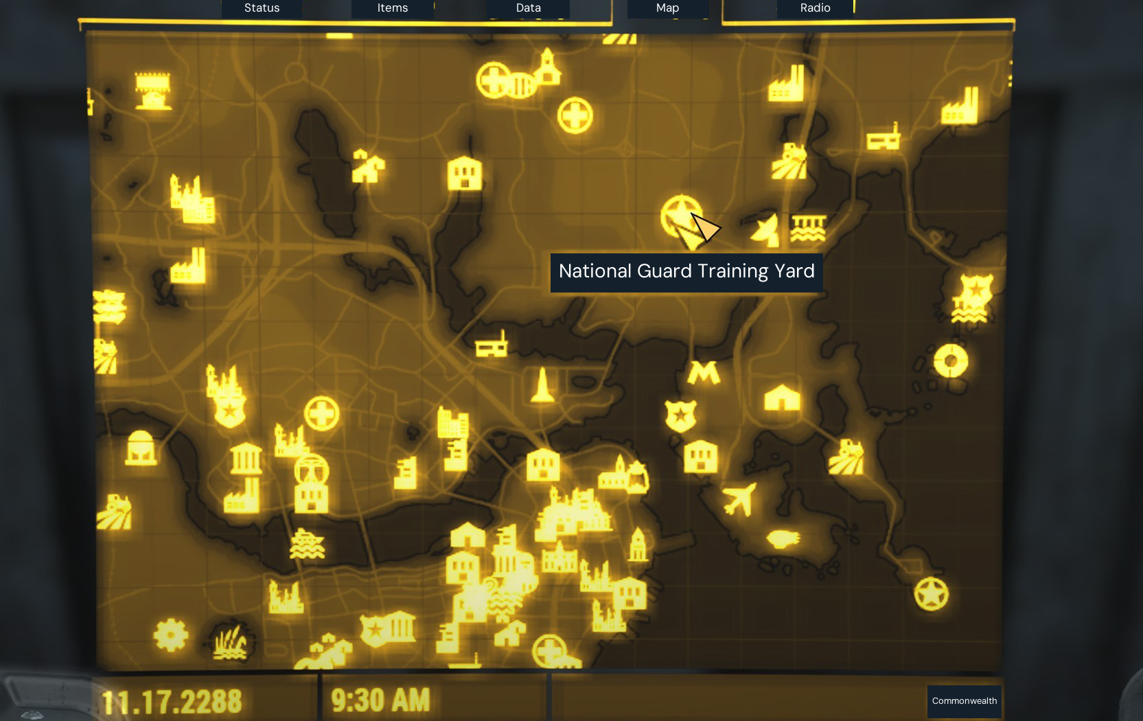 National Guard Training Yard location for the recruiting-office legendary reroll route.
