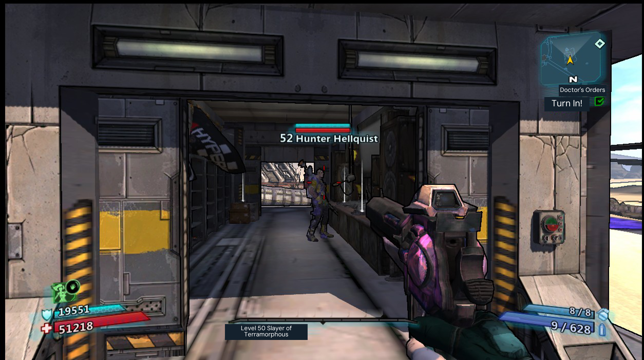 Hunter Hellquist inside the radio-station doorway, with the source player’s minimap visible at upper right. Use the Boneyard map for the full approach.