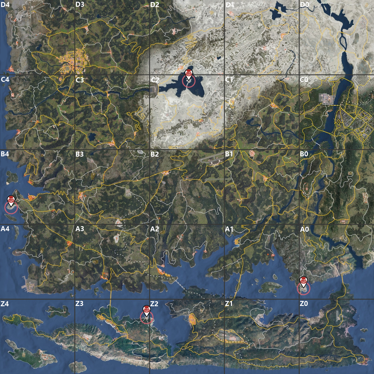 The four trader outposts are marked in A0, B4, C2 and Z3. Choose a General Store for goods or a Mechanic for vehicle parts; check live stock when you arrive.
