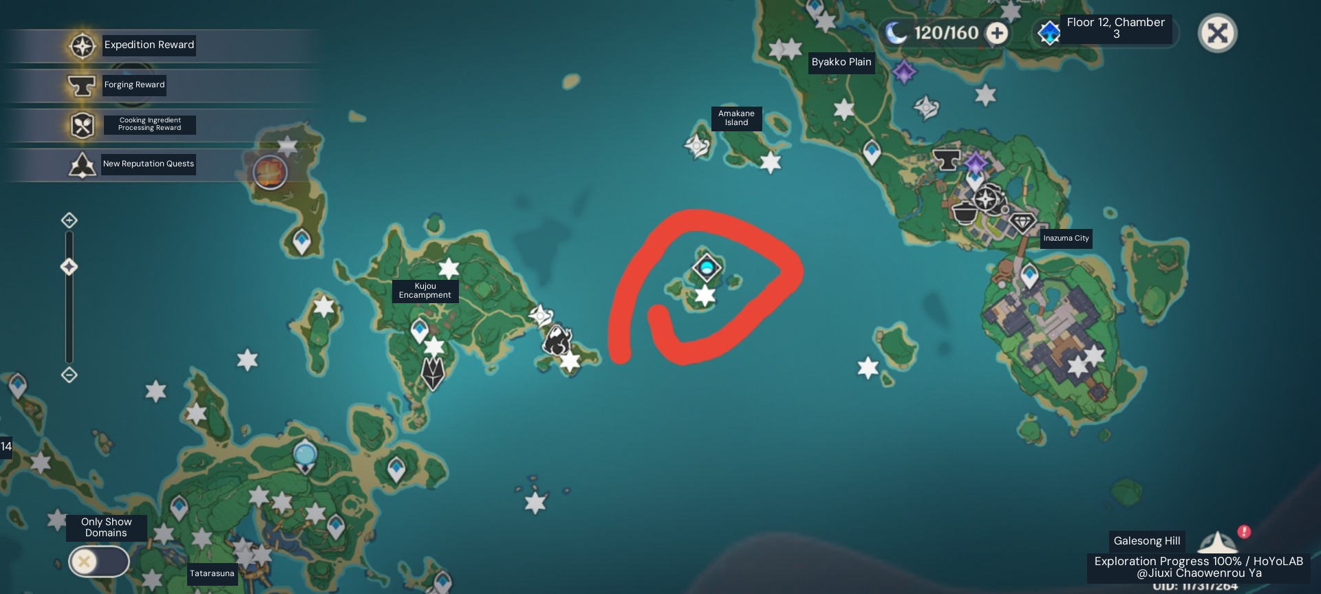 Violet Court talent-material domain on the island west of Inazuma City, circled red. White stars mark the source player’s saved locations.