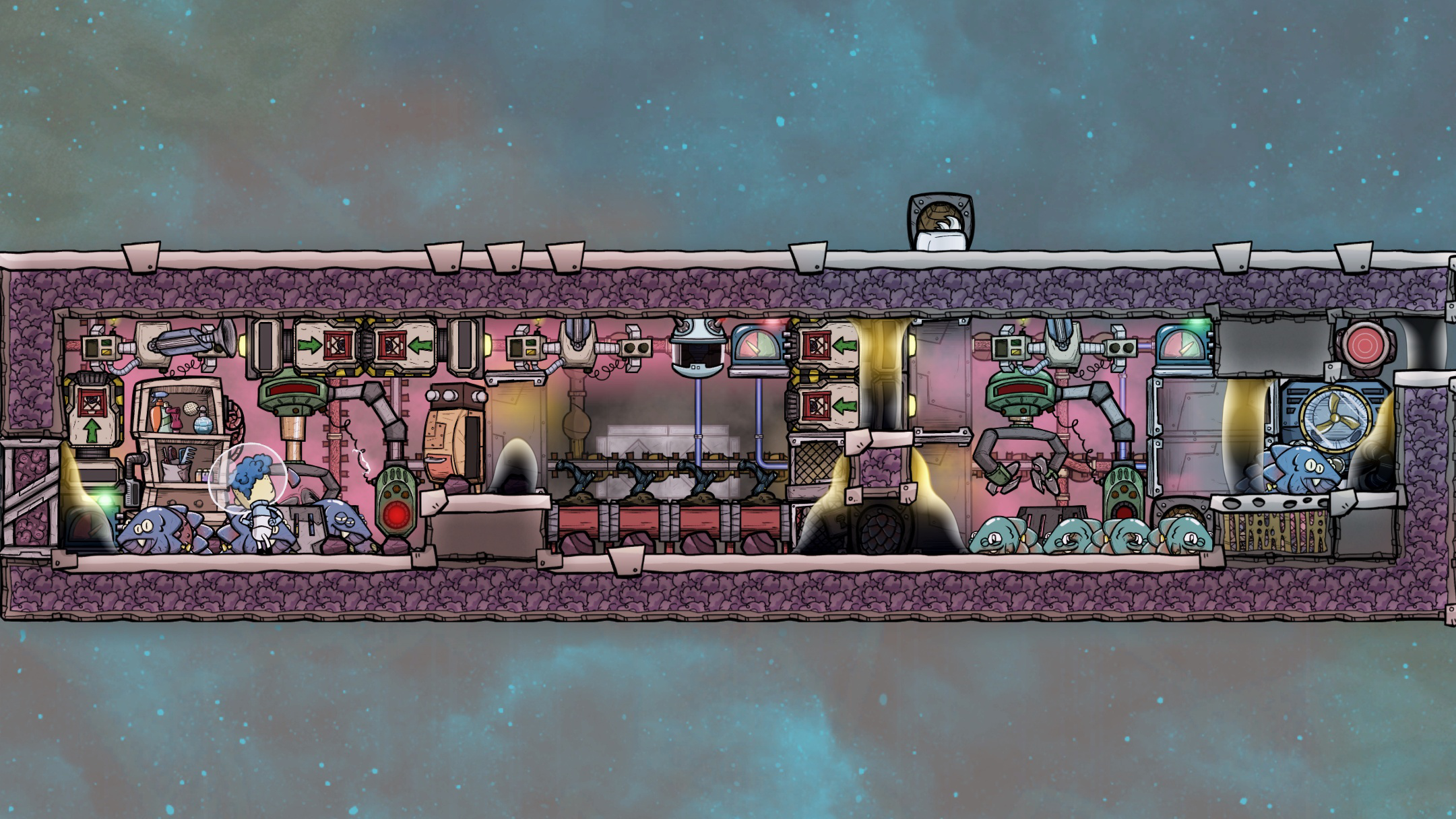 Glossy Drecko ranch layout, design 2: four groomed breeders with Mealwood feed and a separate shearing area (open overflow area). Follow the source gas-layer and automation instructions before copying the build.