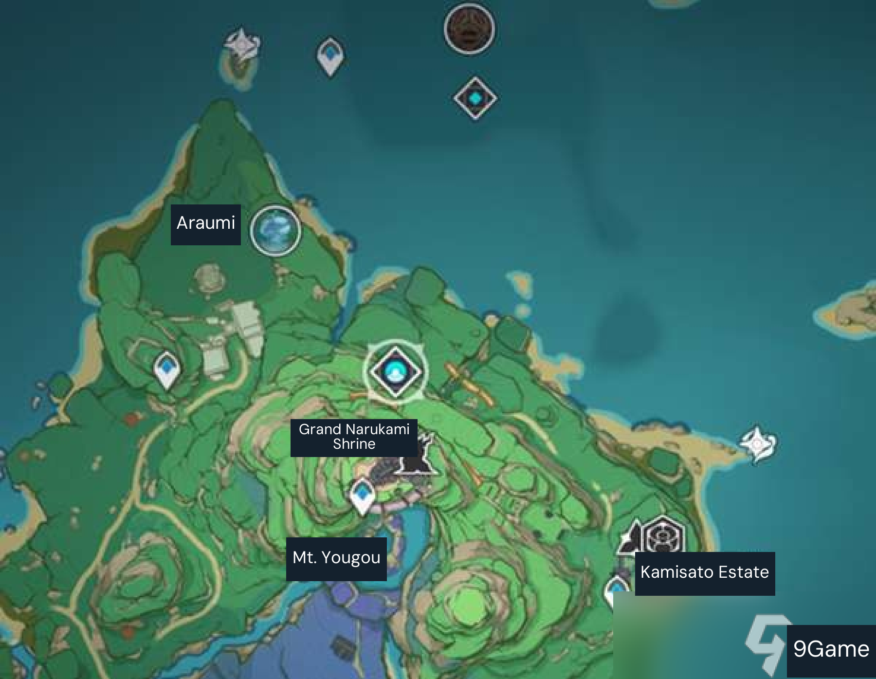 Court of Flowing Sand weapon-material domain north of the Grand Narukami Shrine, shown by the domain icon near the top. Approach east from Araumi, west from Kamisato Estate, or glide down from the shrine.