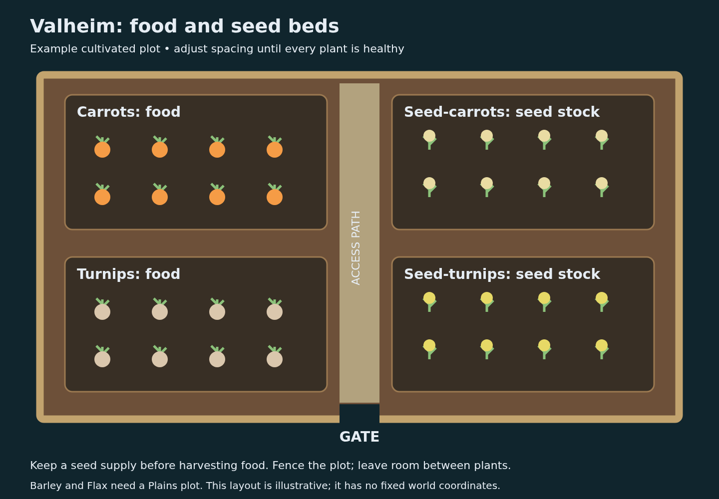 A spatial example for organizing food crops, seed-bearing plants, a central access path, and a protective fence. Plant spacing is illustrative: check that each plant reports healthy in your world. Barley and Flax require a Plains plot.