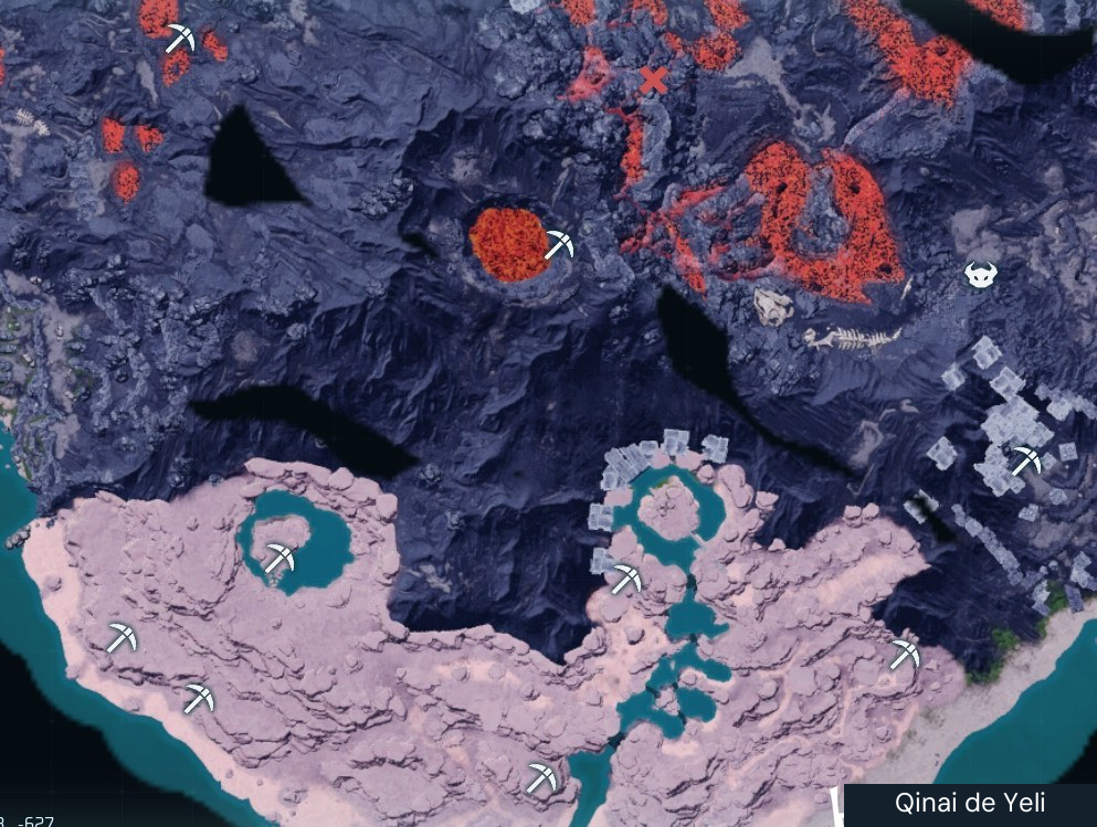 Original Palpagos mining clusters: the Chinese source records an Ore + Coal cluster at (191, -37) and Coal sites including (237, -217), (203, -116), and (101, 58). Pickaxe icons represent mixed mineral clusters. This covers the original islands; later expansion regions are outside its scope.